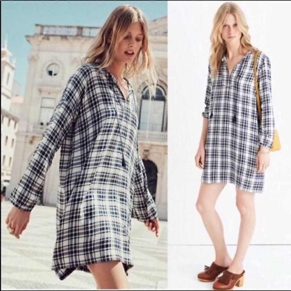 Madewell White, Navy, and Black Plaid Light Academia Shift Dress Size XS